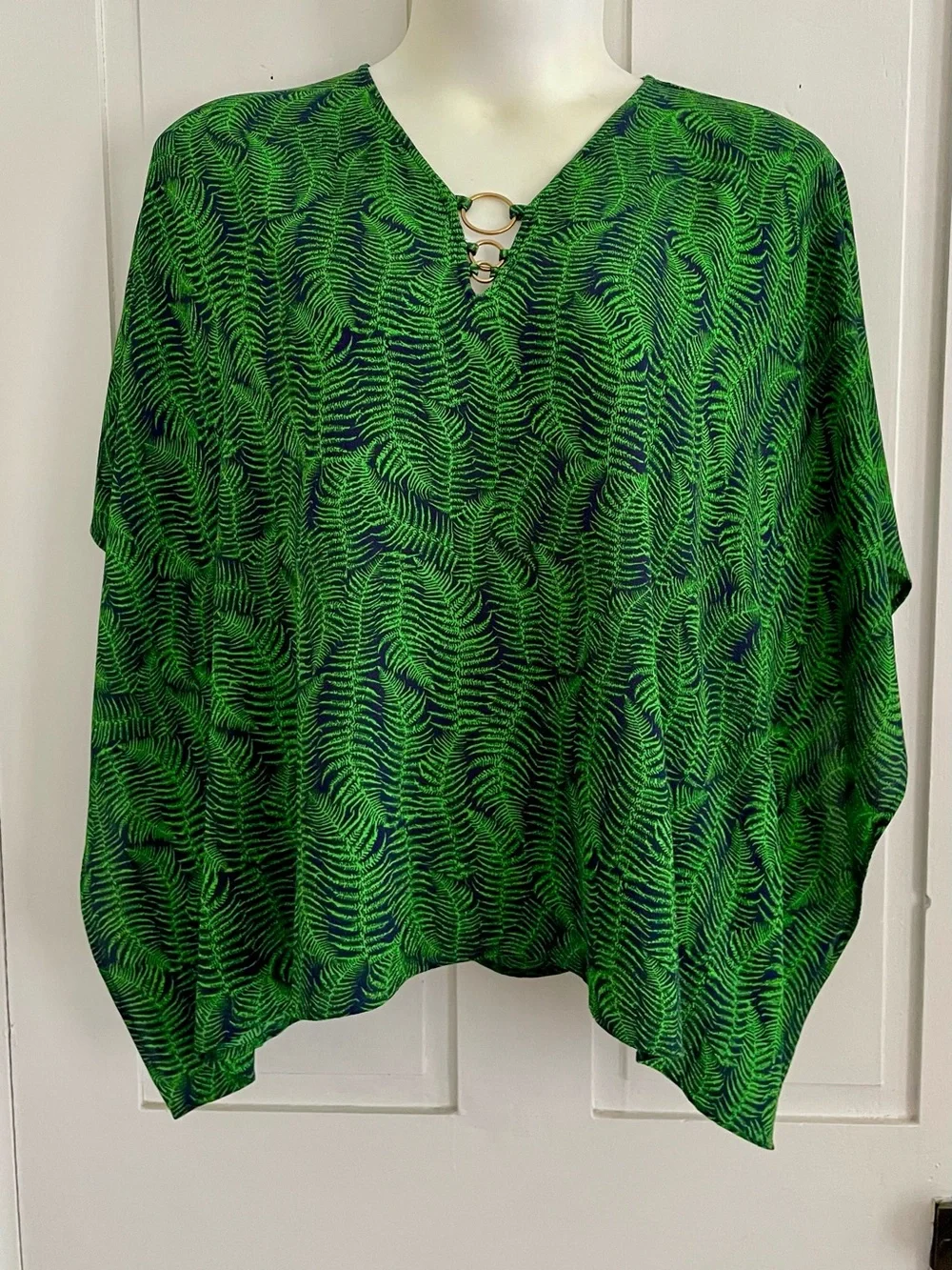 Michael Kors Green Fern-Print V-Neck Top with Ring Detail